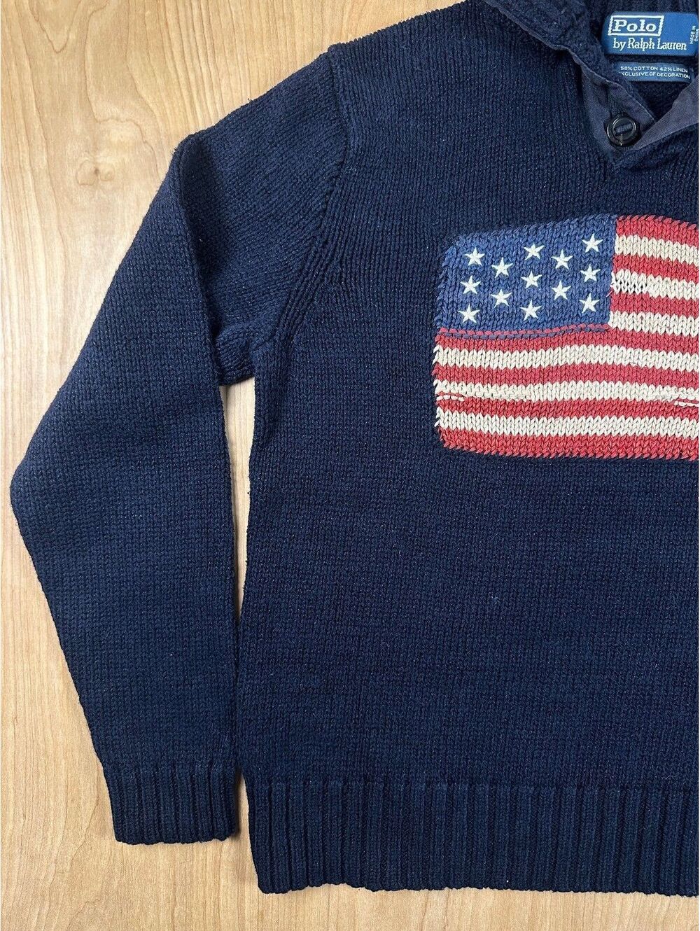 Vintage 90s Ralph Lauren American Flag sweater RL 67 knit cotton linen medium - Picture 4 of 11